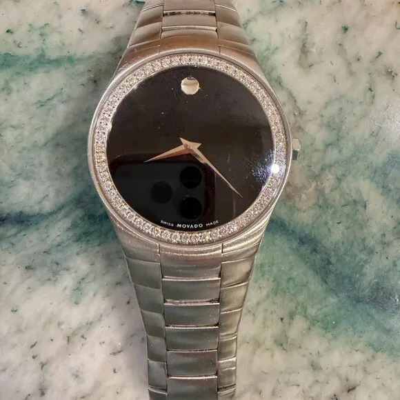 MOVADO Strato S-Steel Black Dial Diamond Bezel Men's Watch SKU: 605610